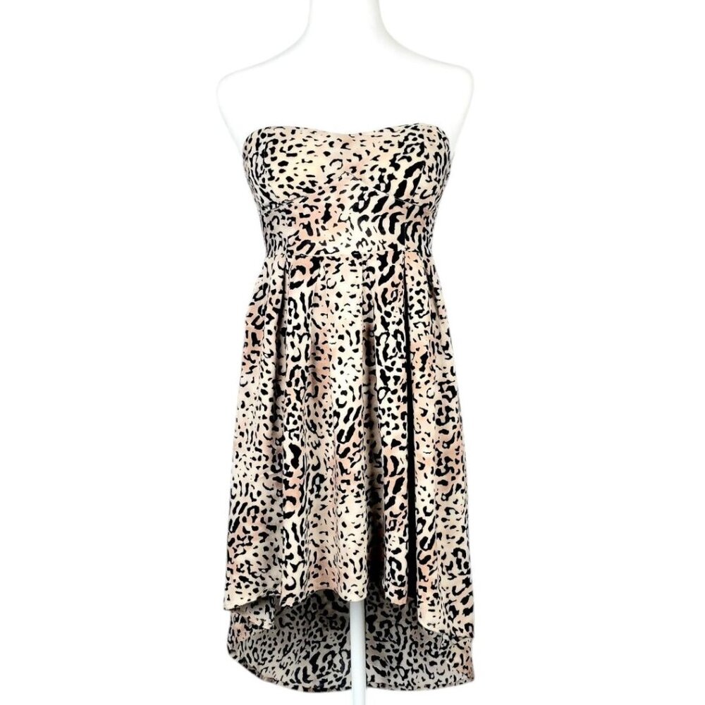 Womens Leopard Print Strapless Sweetheart Neckline High-Low Dress S Flared Skirt